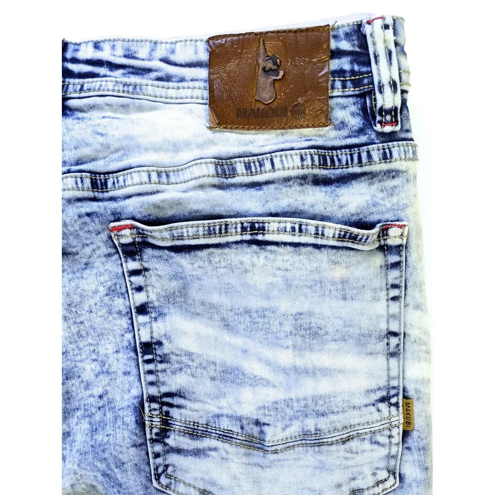 Makobi Men's Acid Wash Distressed Red Ripped Patch Jeans M1773 Blue 38x32 - Picture 4 of 8